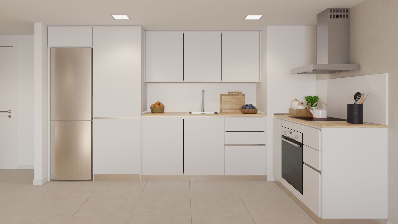 Moderne weiße Küche mit hölzerner Arbeitsplatte und Edelstahlgeräten.